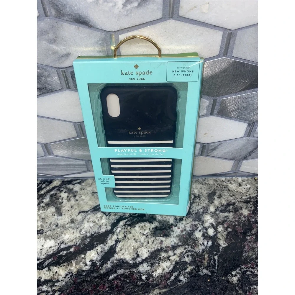 NIB Kate Spade New‎ York Black/Cream Feeder Stripe  Case, iPhone XS & X
